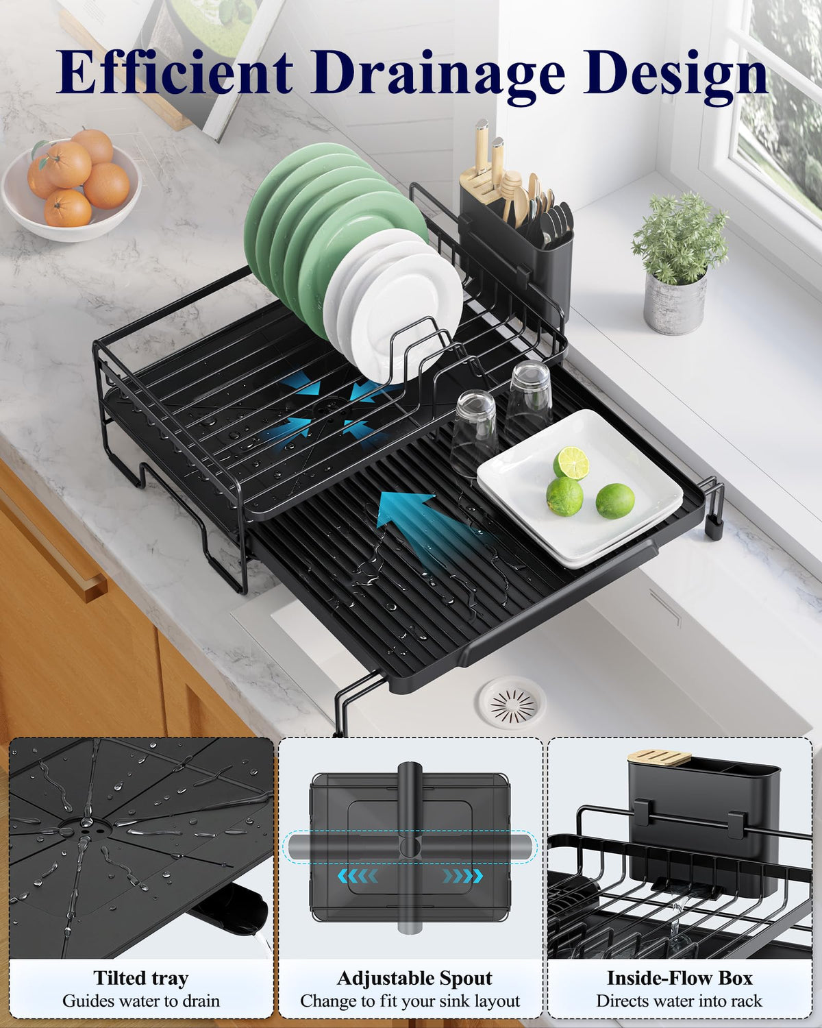 Kitsure removable drain tray simplifies drainage and cleanup after washing.
