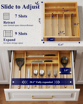 Kitsure bamboo organizer closeup of eight compartments for flatware and tools.