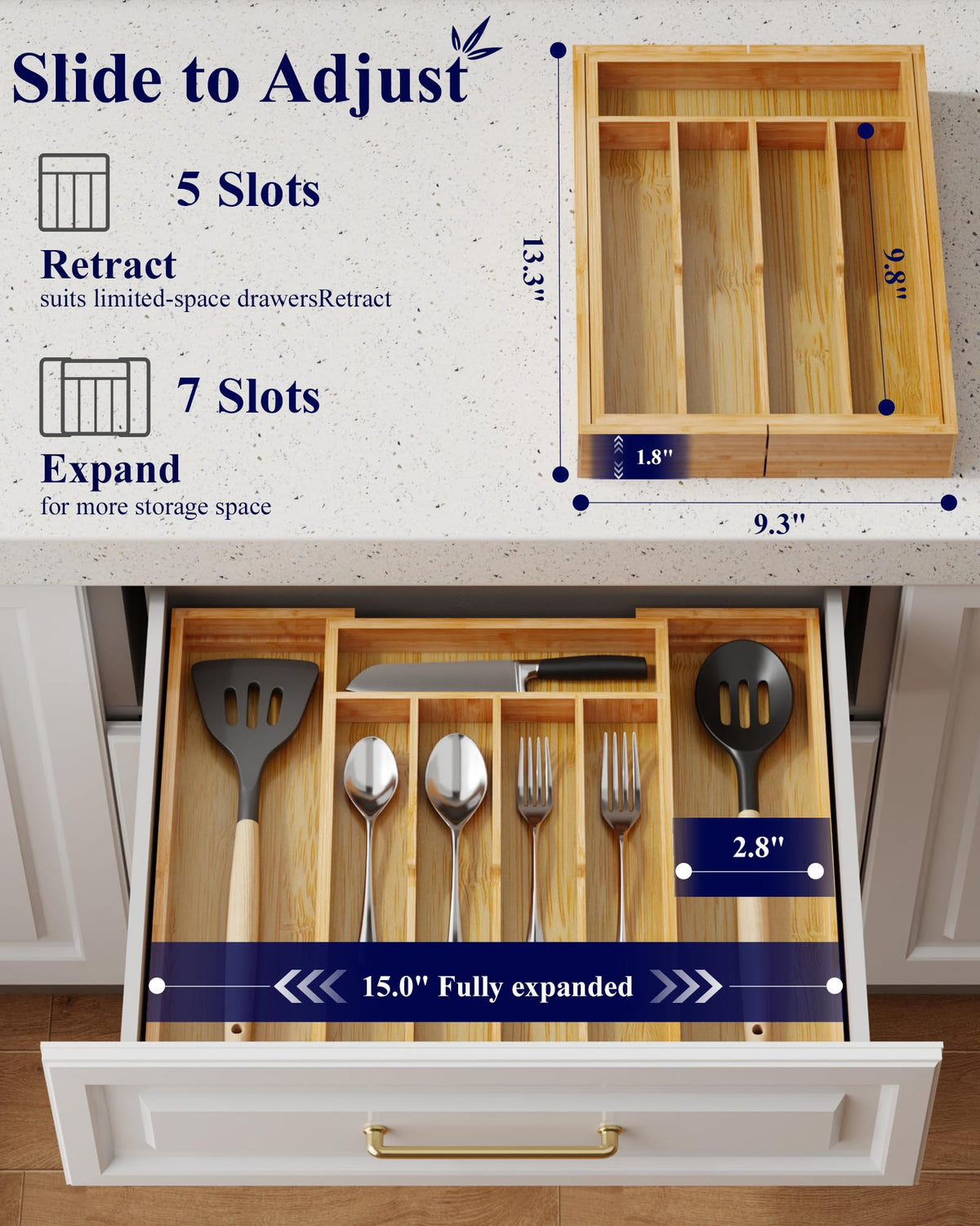 Kitsure bamboo drawer organizer with deep compartments keeps items organized and secure.