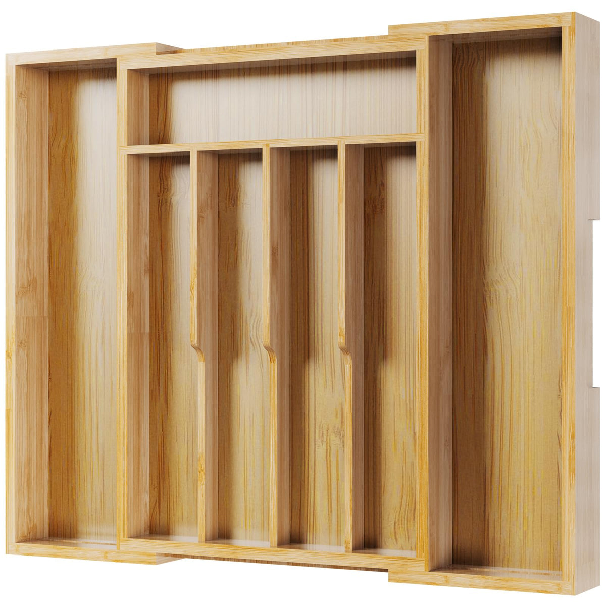 Kitsure silverware organizer expanded in a bamboo drawer for easy utensil access.