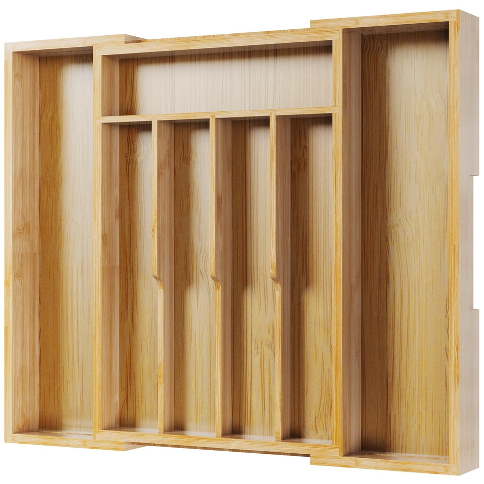 Kitsure silverware organizer expanded in a bamboo drawer for easy utensil access.