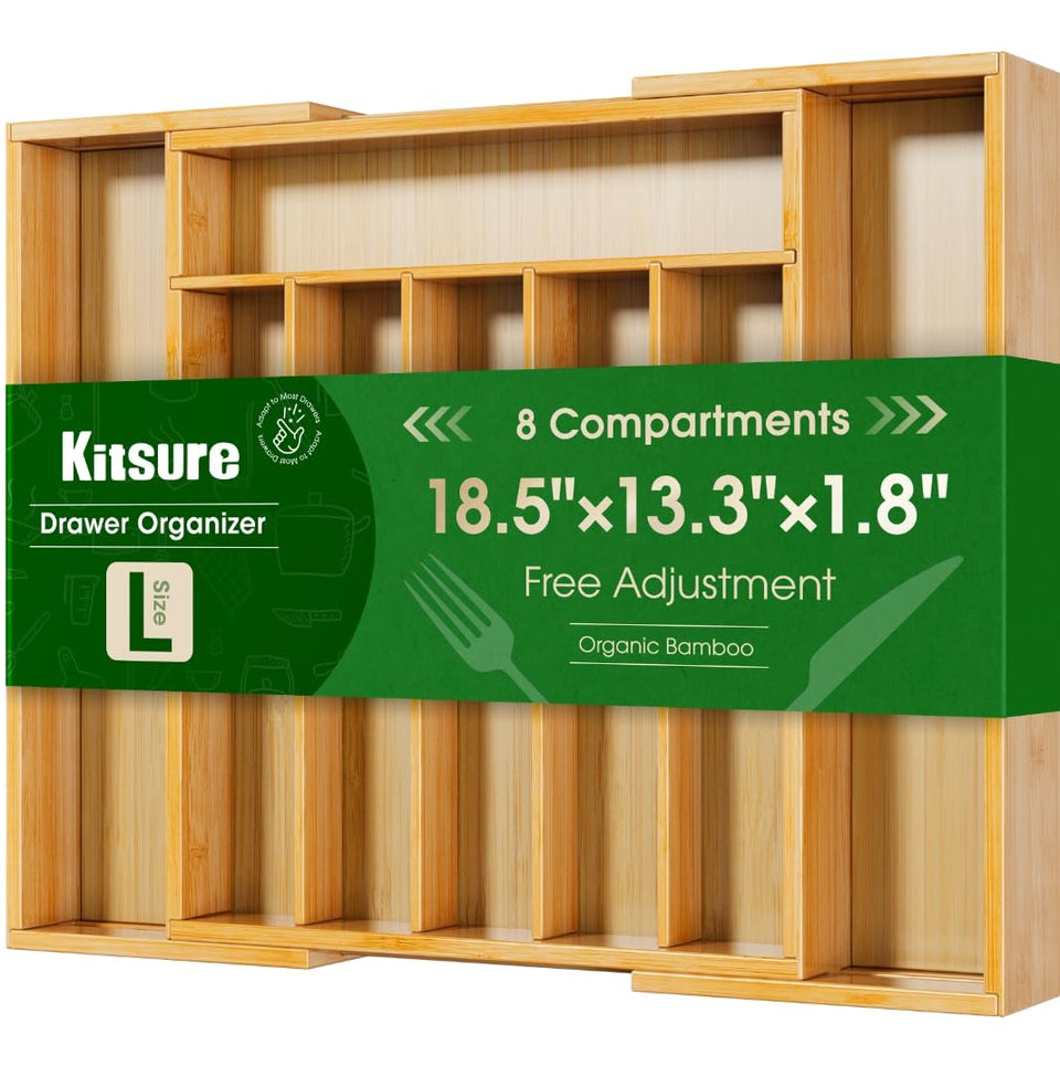 Kitsure expandable bamboo silverware organizer in a drawer showing ample flatware space