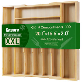 Kitsure expandable bamboo silverware organizer in expanded view fits wide drawers for utensils.