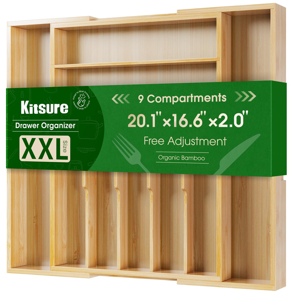 Kitsure expandable bamboo silverware organizer in expanded view fits wide drawers for utensils.