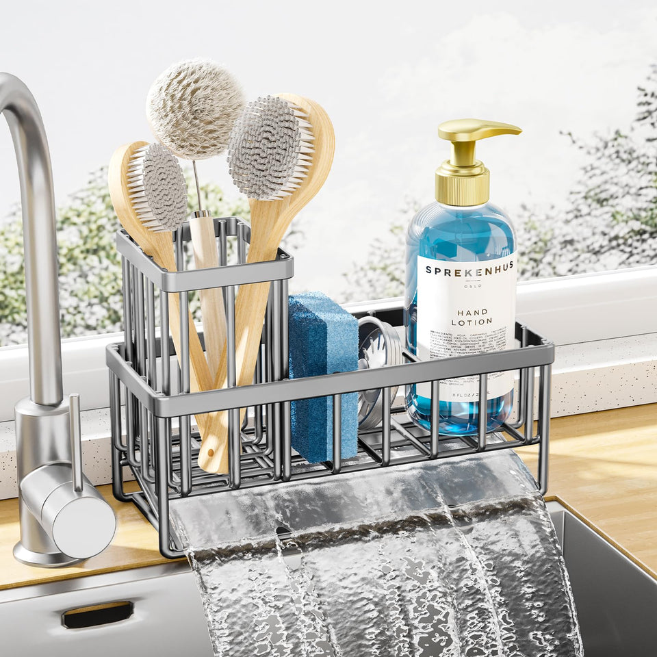 Kitsure sponge holder in stainless steel keeps sink area dry and organized with auto-drainage