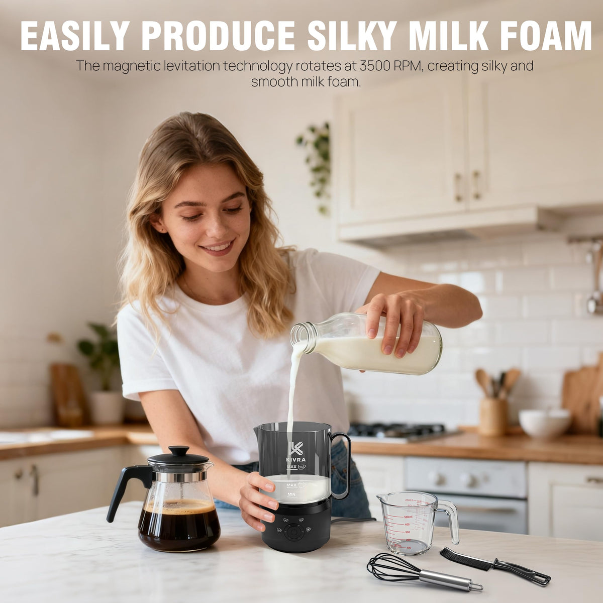 KIVRA Milk Frother 350ml cup-foam close-up demonstrates silky texture for café-style drinks.
