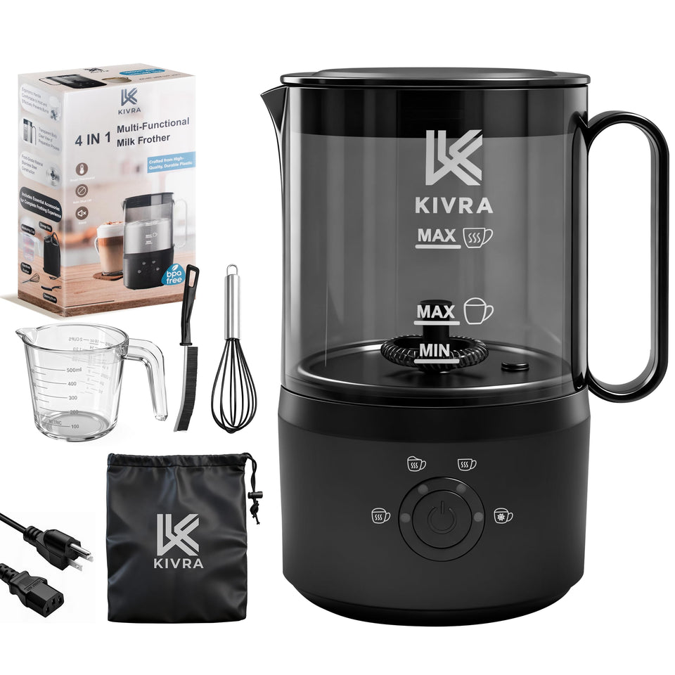KIVRA Milk Frother 350ml front view showing a sleek, durable appliance for cafe-quality foams.