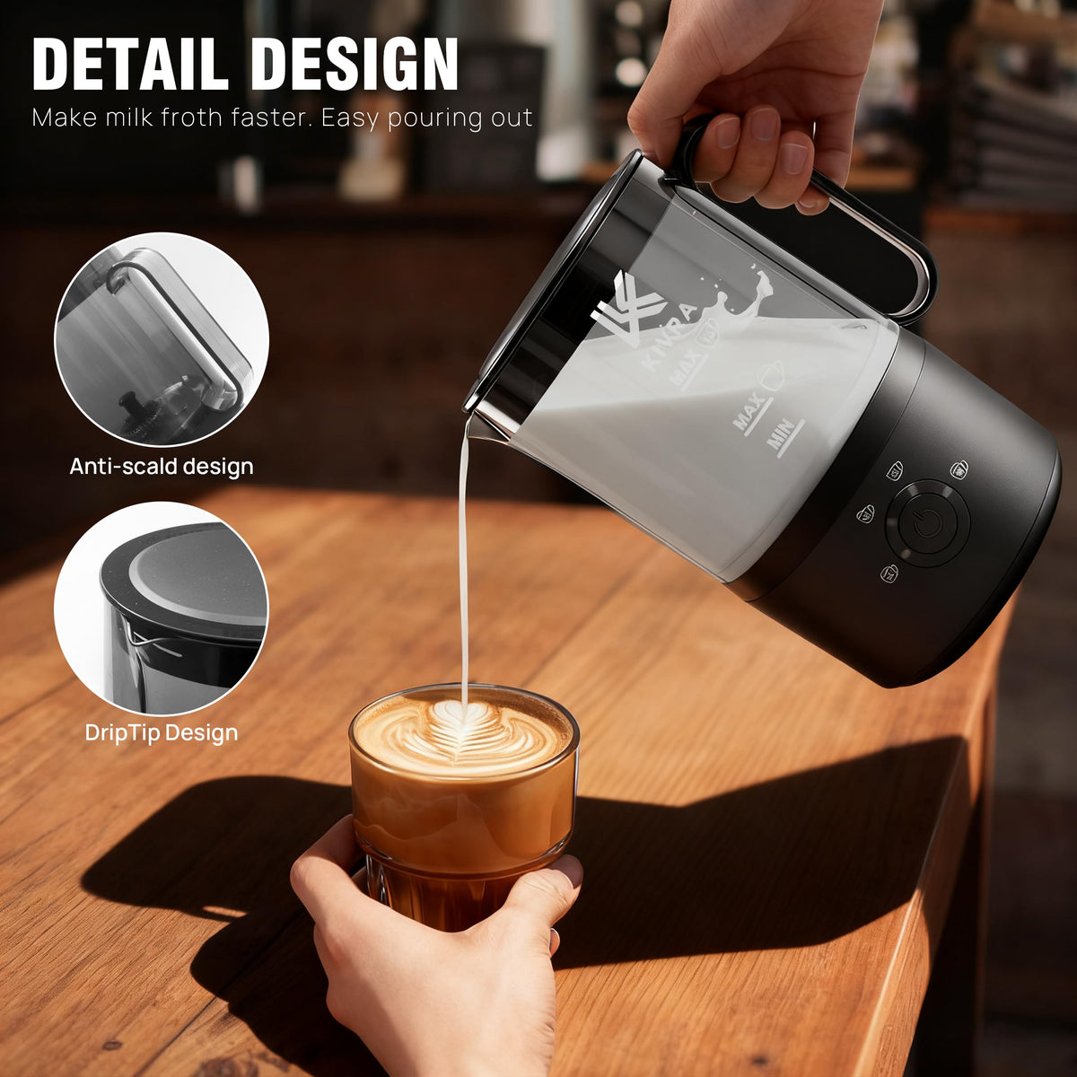 KIVRA Milk Frother 350ml hot-foam view shows creamy texture for hot drinks.
