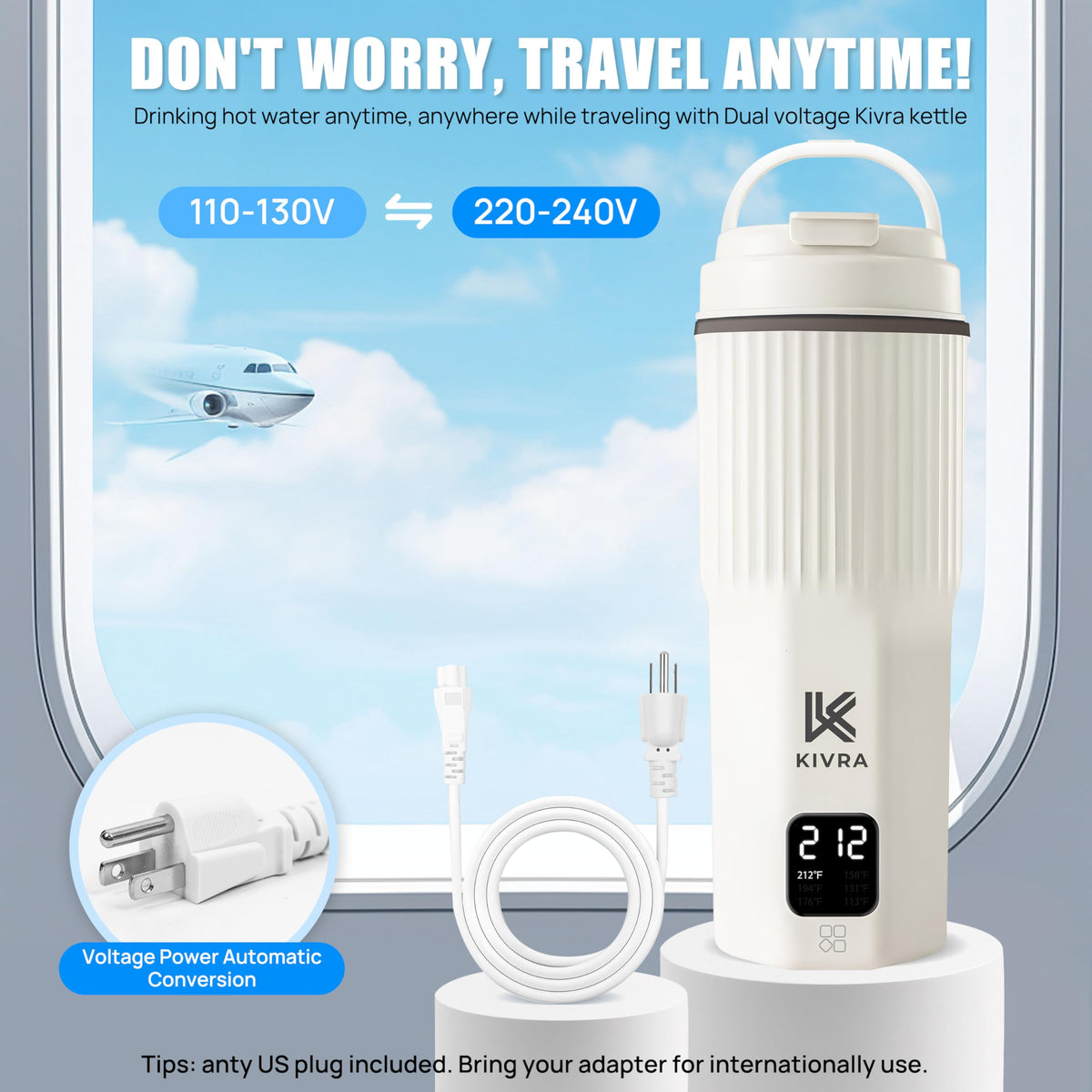 KIVRA Travel Kettle six temperature presets for tea, coffee, hot water.