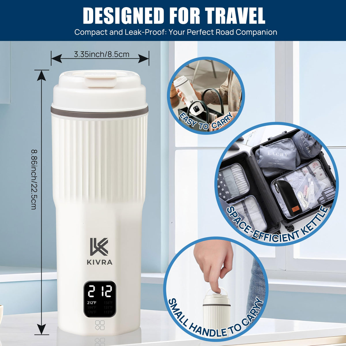 KIVRA Travel Kettle steel lid with steam vent for safe pouring.