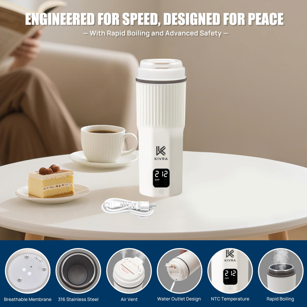 KIVRA Travel Kettle universal voltage adapts to 100–240V worldwide.