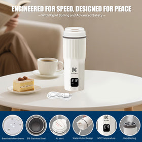 KIVRA Travel Kettle universal voltage adapts to 100–240V worldwide.