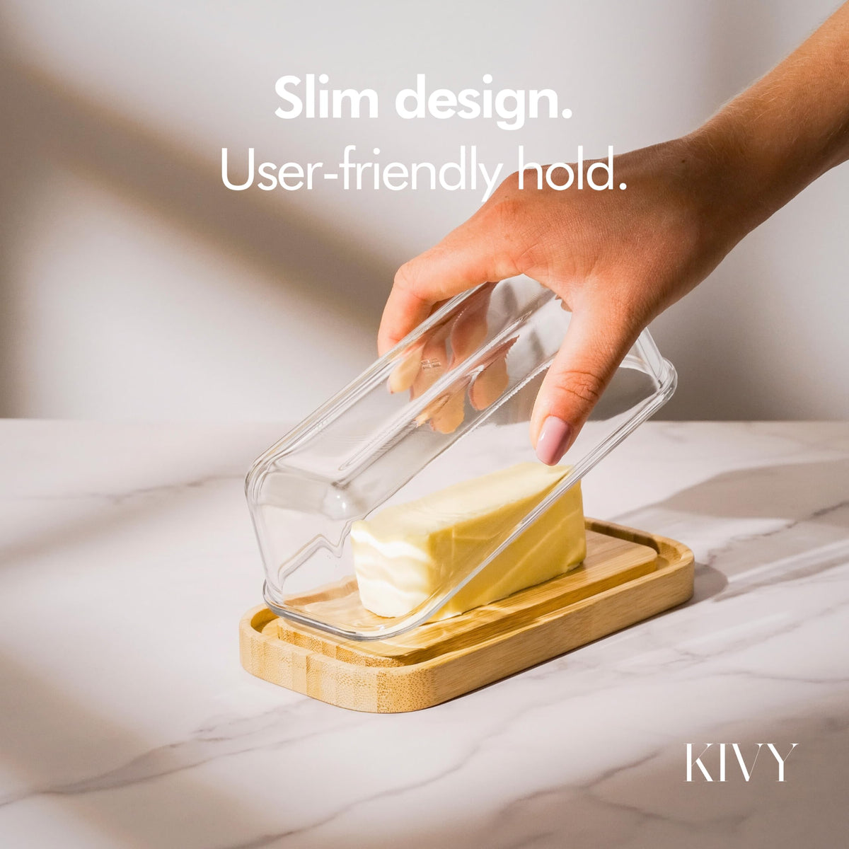 KIVY acacia wood plate cleans easily after butter service.