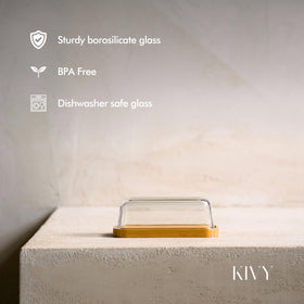 KIVY compact butter dish stores beside jars and spreads on any shelf.