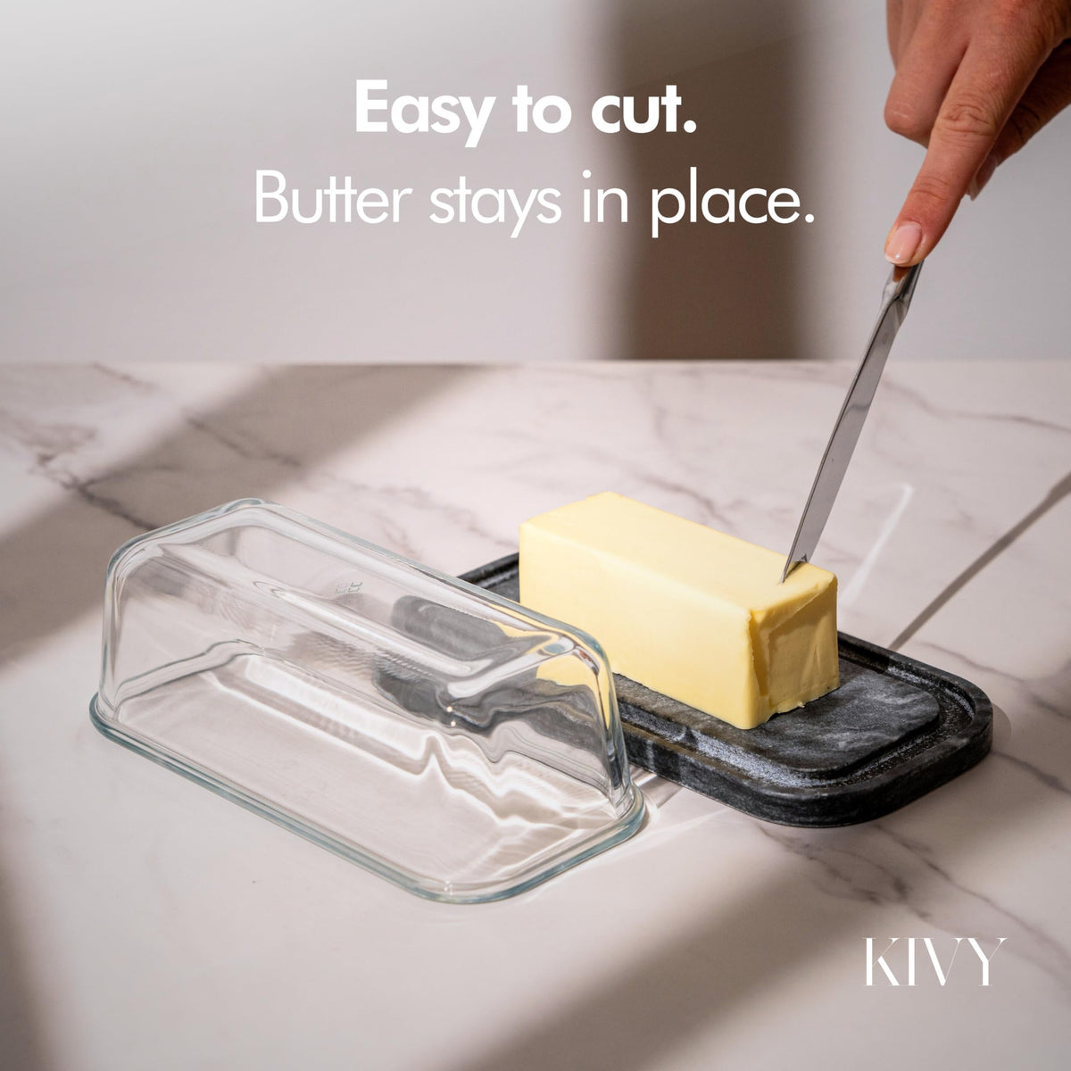 KIVY butter dish with lid closed for airtight freshness and mess-free kitchen.