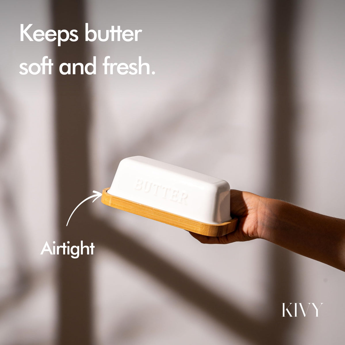 KIVY butter dish lid open with butter ready for easy spreading.