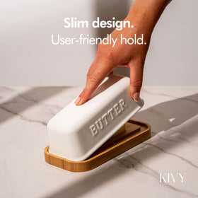 KIVY butter dish on fridge door shelf keeps butter accessible and neat.