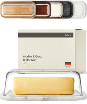 KIVY butter dish with white marble base and glass lid, clean and accessible.