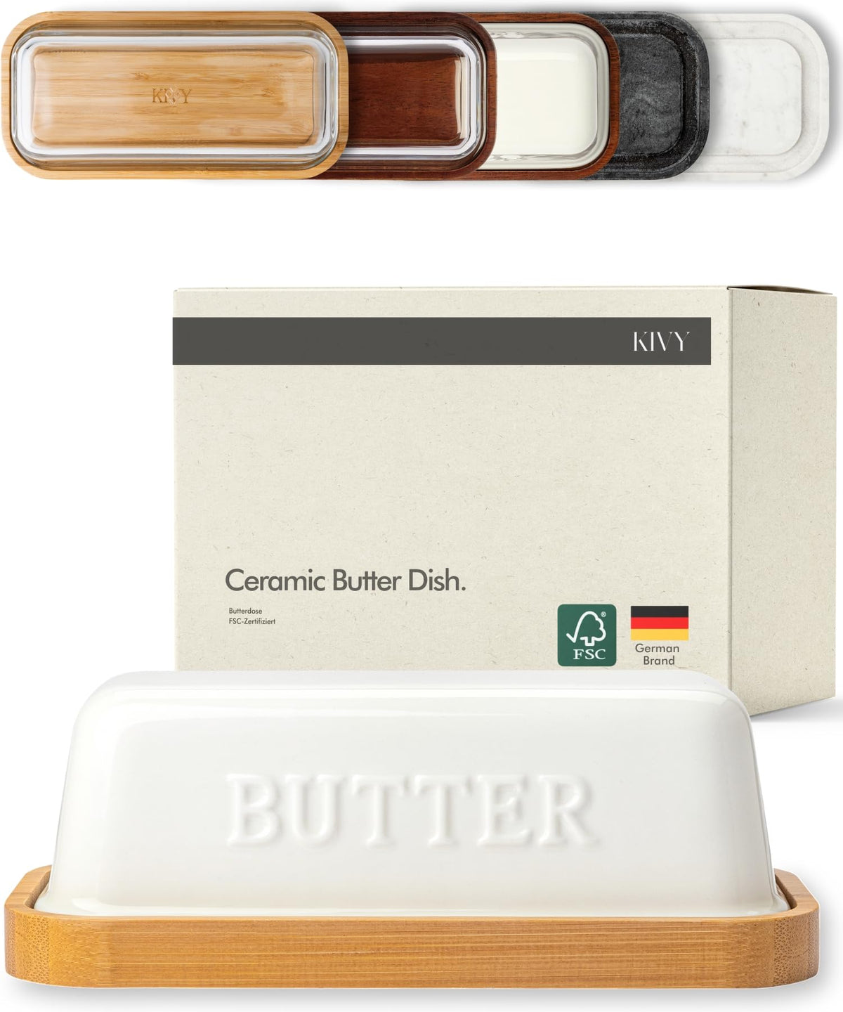 KIVY ceramic butter dish with airtight lid on countertop keeps butter fresh and soft.