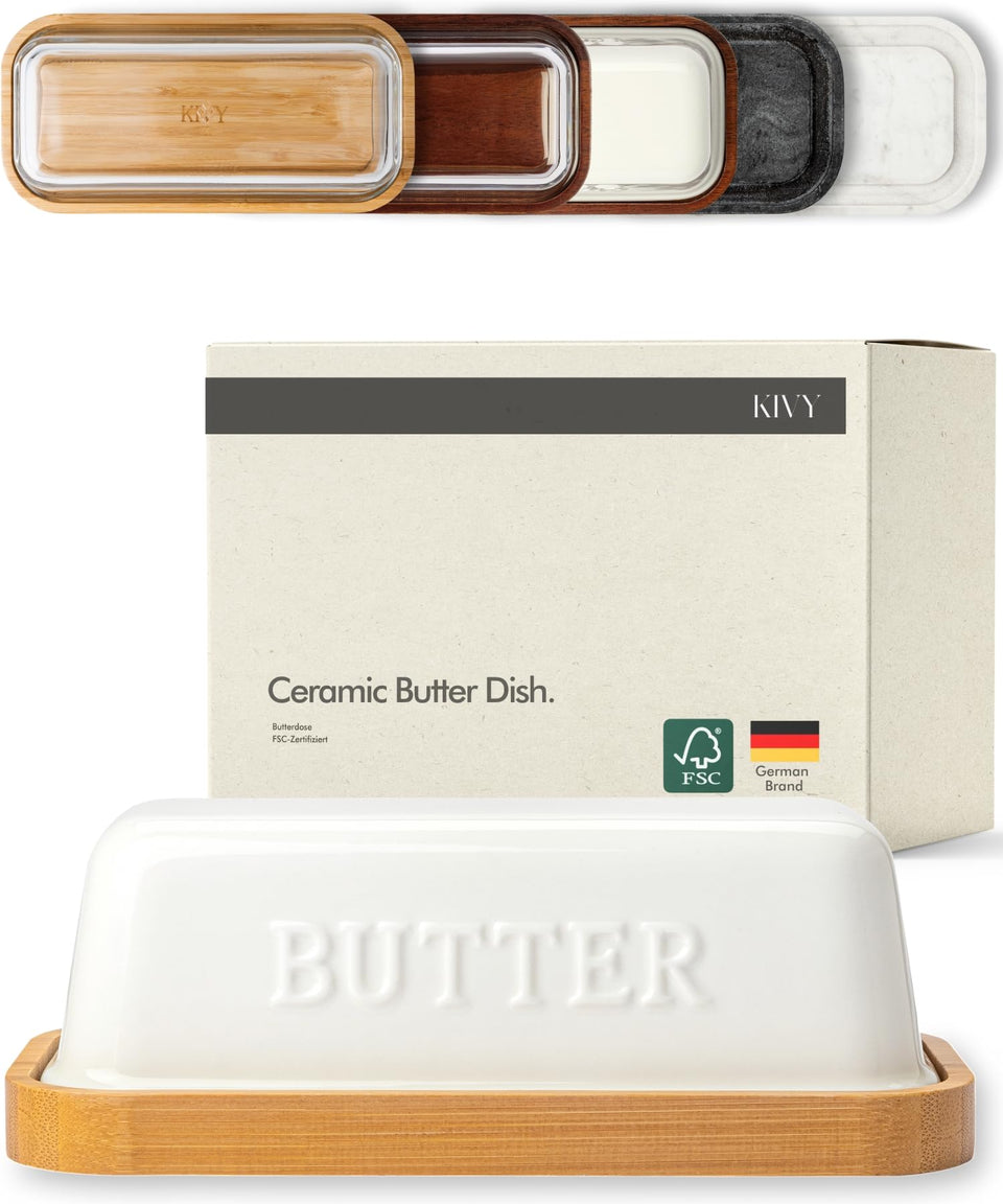 KIVY ceramic butter dish with airtight lid on countertop keeps butter fresh and soft.