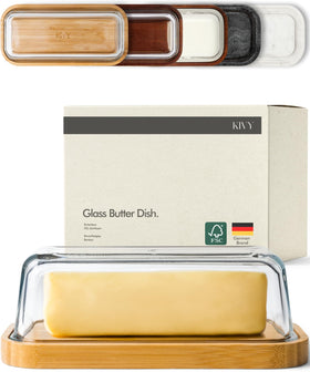KIVY glass butter dish with airtight lid on counter showing soft butter