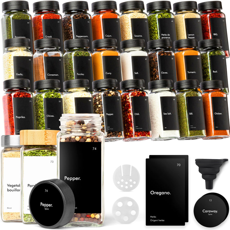 KIVY glass spice jars with labels and funnel for tidy seasoning