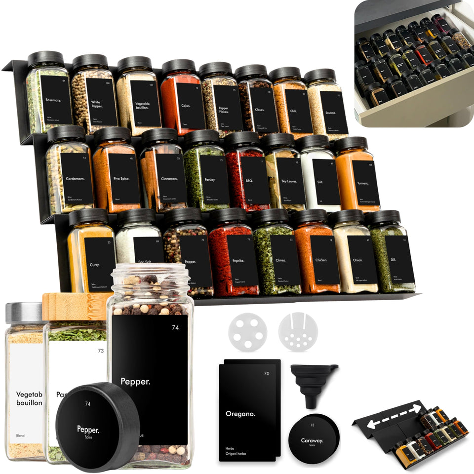 KIVY spice drawer organizer with 24 jars for quick access to spices.
