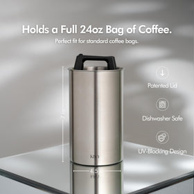 KIVY stainless steel canister with airtight seal protects coffee from air.