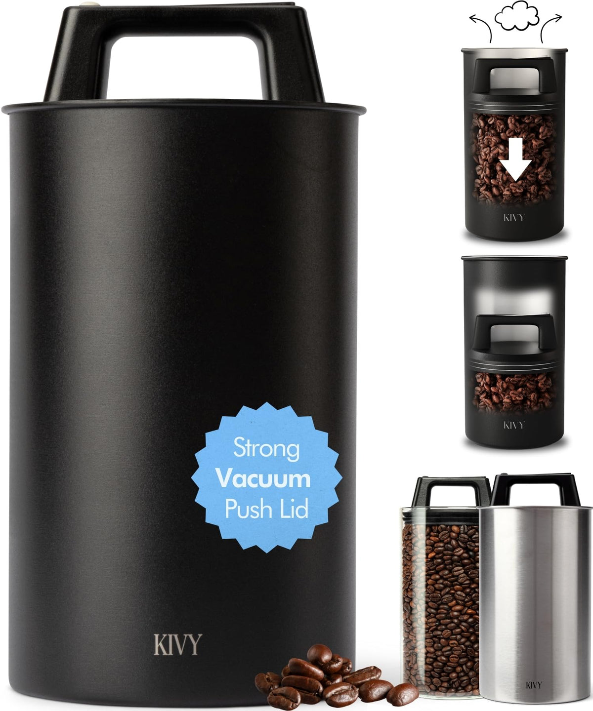 KIVY vacuum coffee canister with push lid preserves aroma