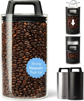 KIVY vacuum seal coffee canister in glass front view for long-lasting freshness.