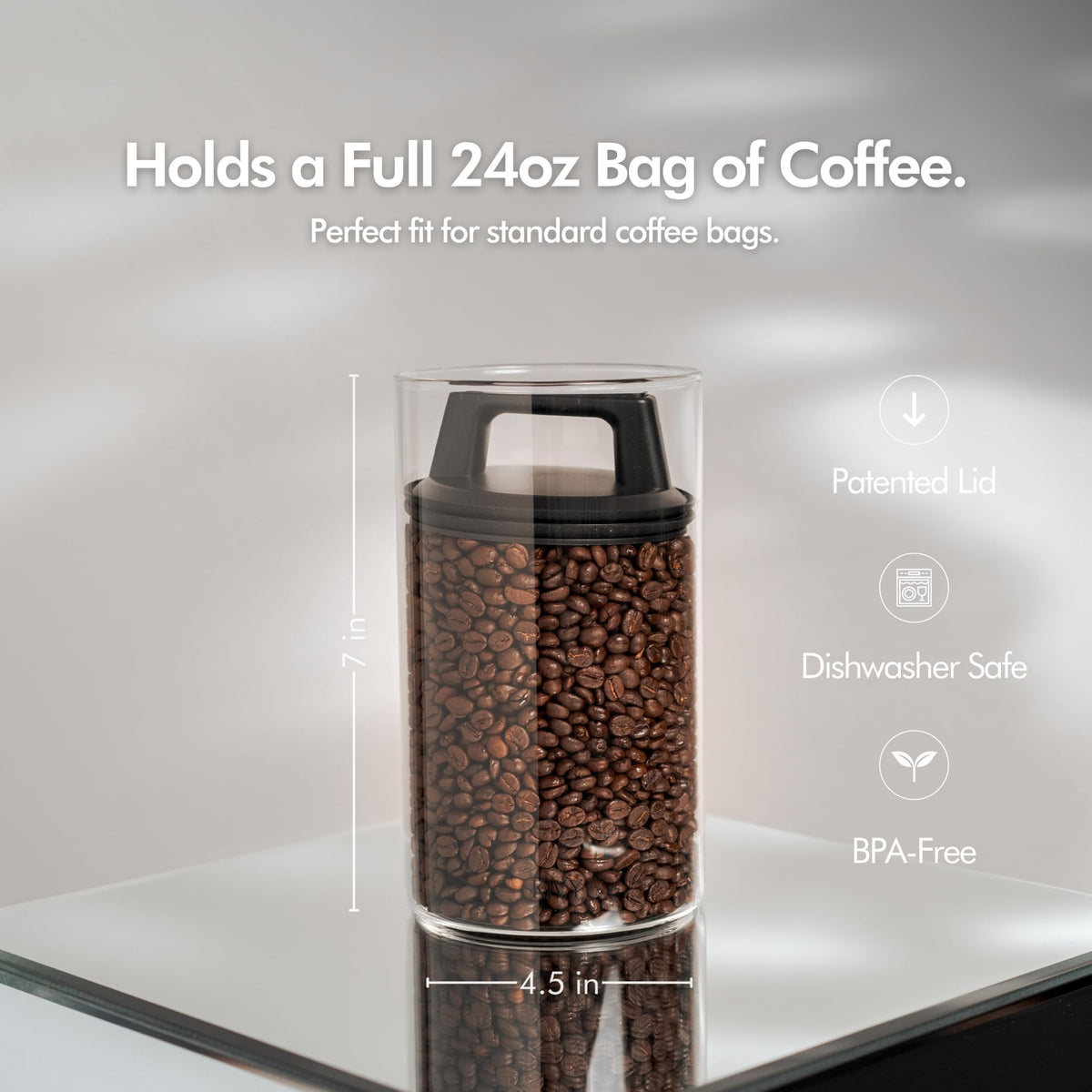KIVY glass canister side profile showing airtight design to preserve aroma.
