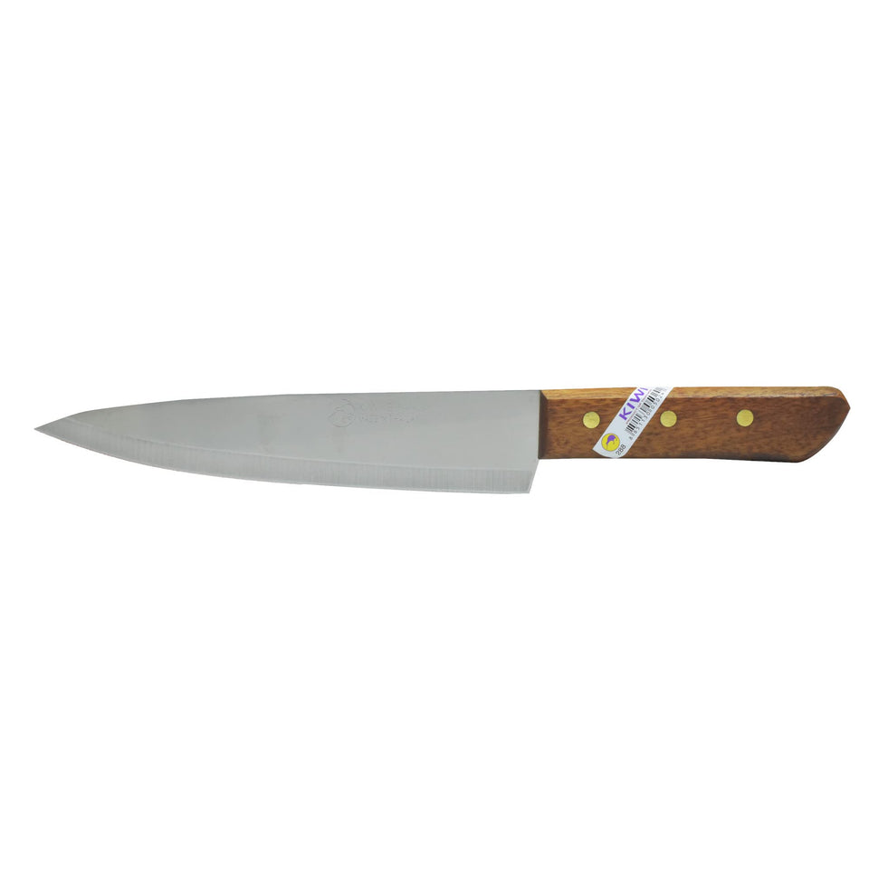 Kiwi knife with 8 inch blade and brown wooden handle for precise slicing in home kitchens.
