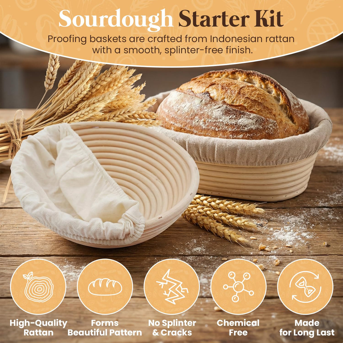 Kixbiz oval banneton basket for steady rise and rustic loaf pattern.