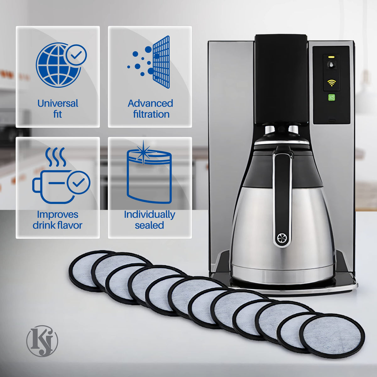 K&J Mr. Coffee charcoal disc in-use on a brewer demonstrates odor and impurity reduction.