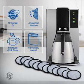 K&J Mr. Coffee charcoal disc in-use on a brewer demonstrates odor and impurity reduction.