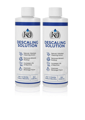 K&J Premium Descaling Solution bottle front showing two-use design