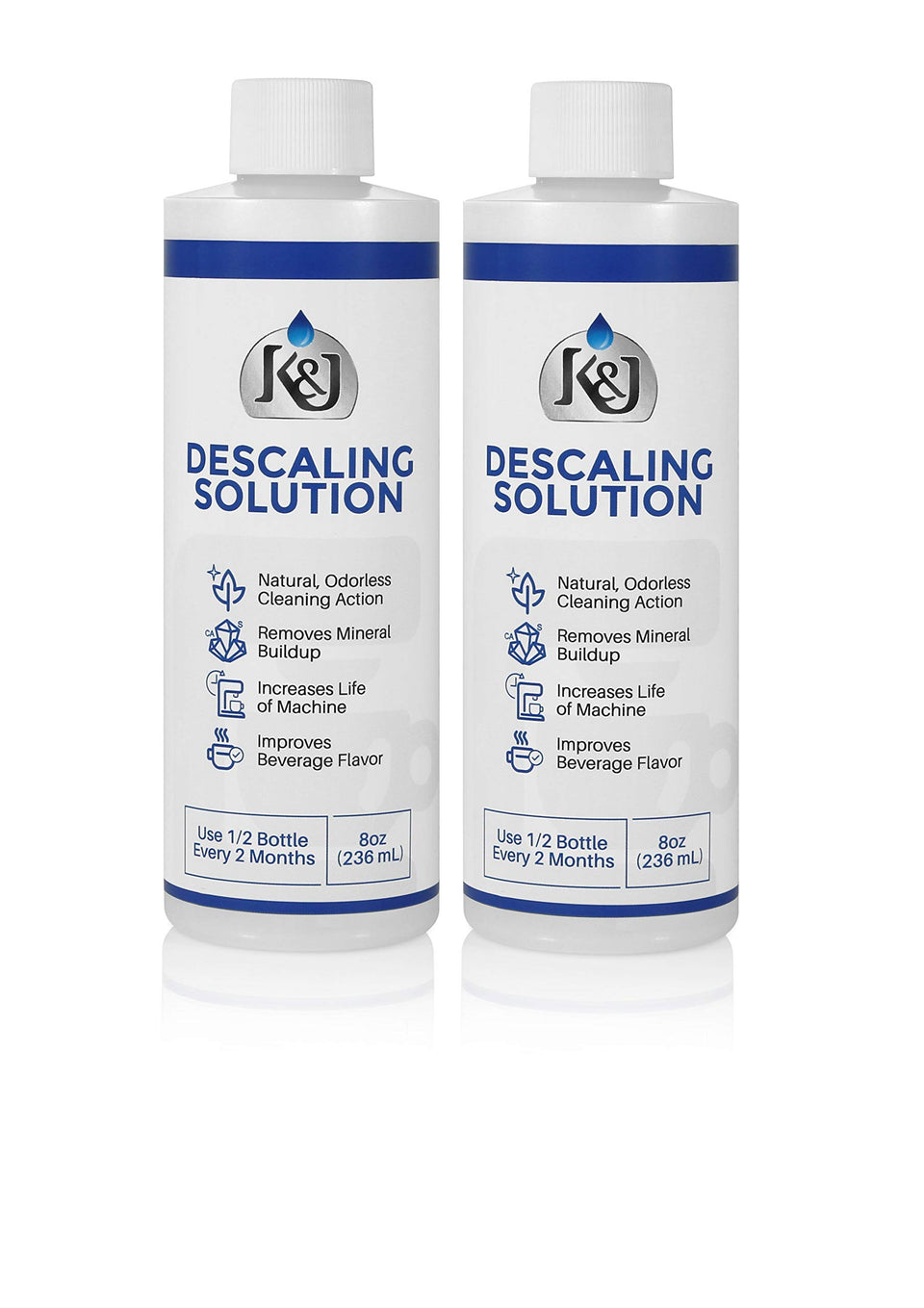 K&J Premium Descaling Solution bottle front showing two-use design