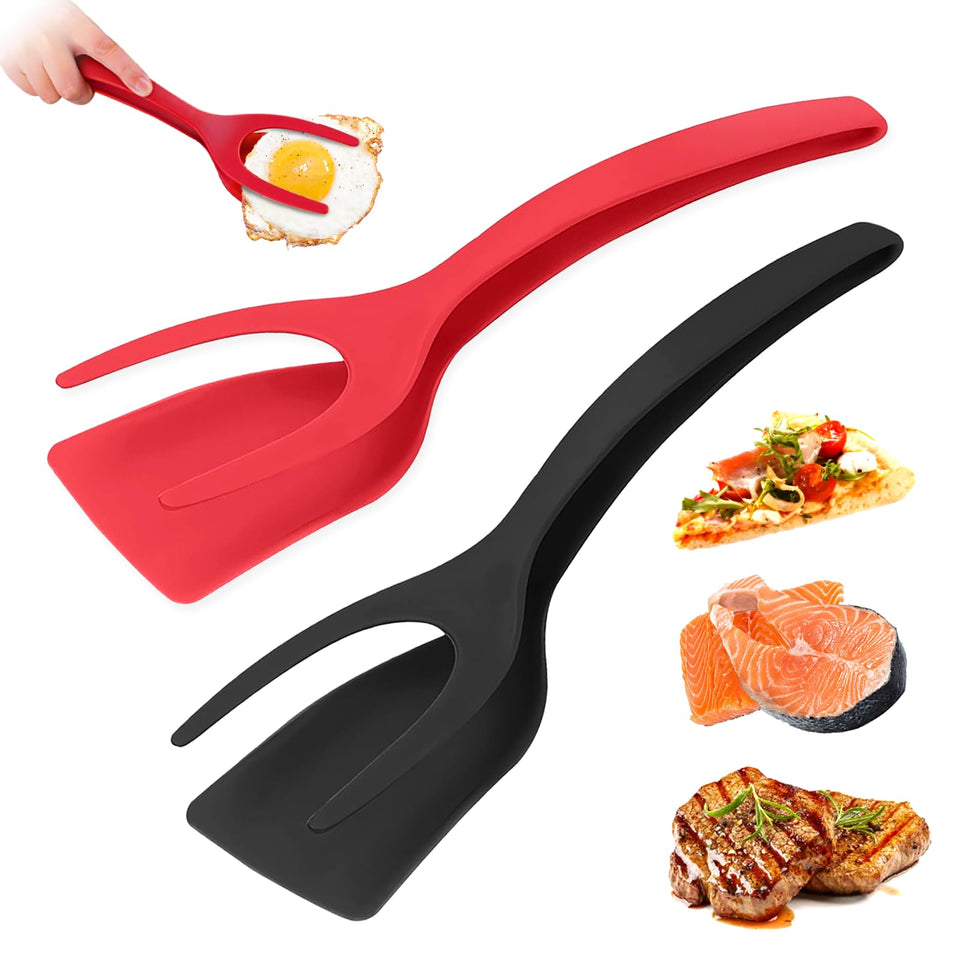 KJG Egg Flipper Spatula Tongs 2-in-1 setup demonstrates convenient design for flipping eggs.