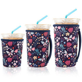 KJQJLY Butterfly Bush iced coffee sleeve close-up showing durable neoprene for reuse