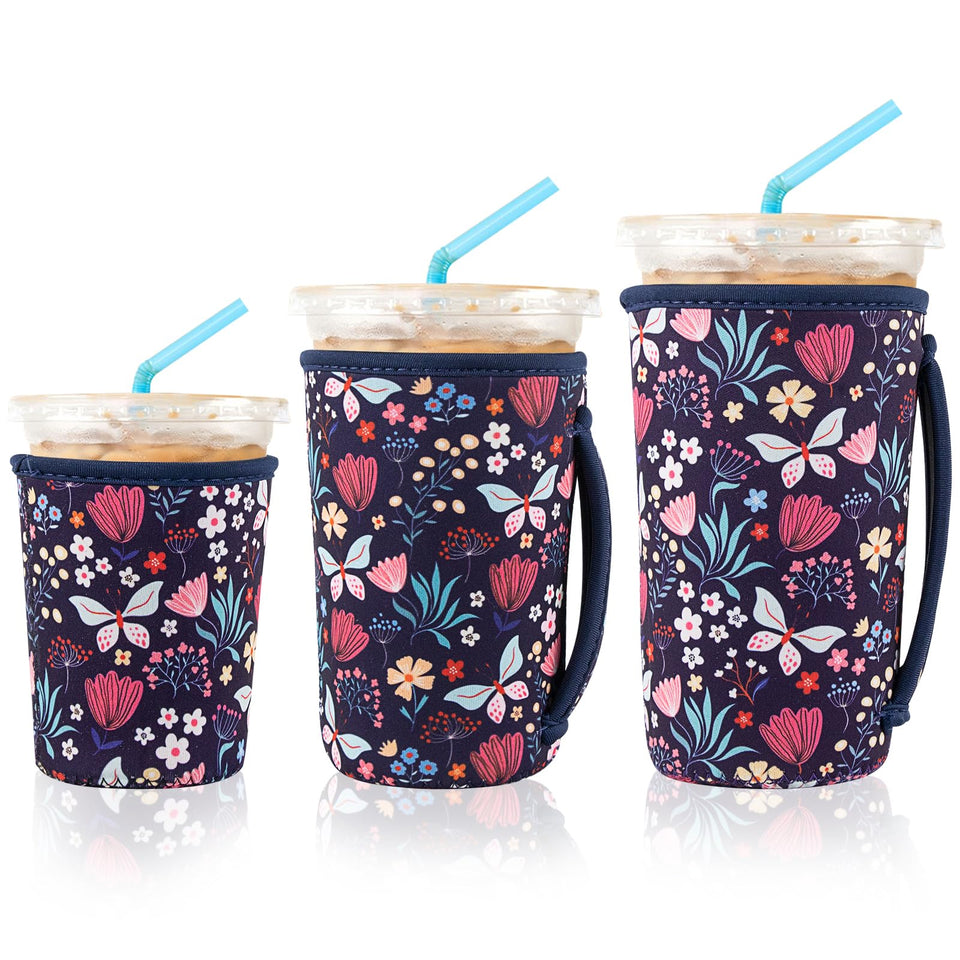 KJQJLY Butterfly Bush iced coffee sleeve close-up showing durable neoprene for reuse