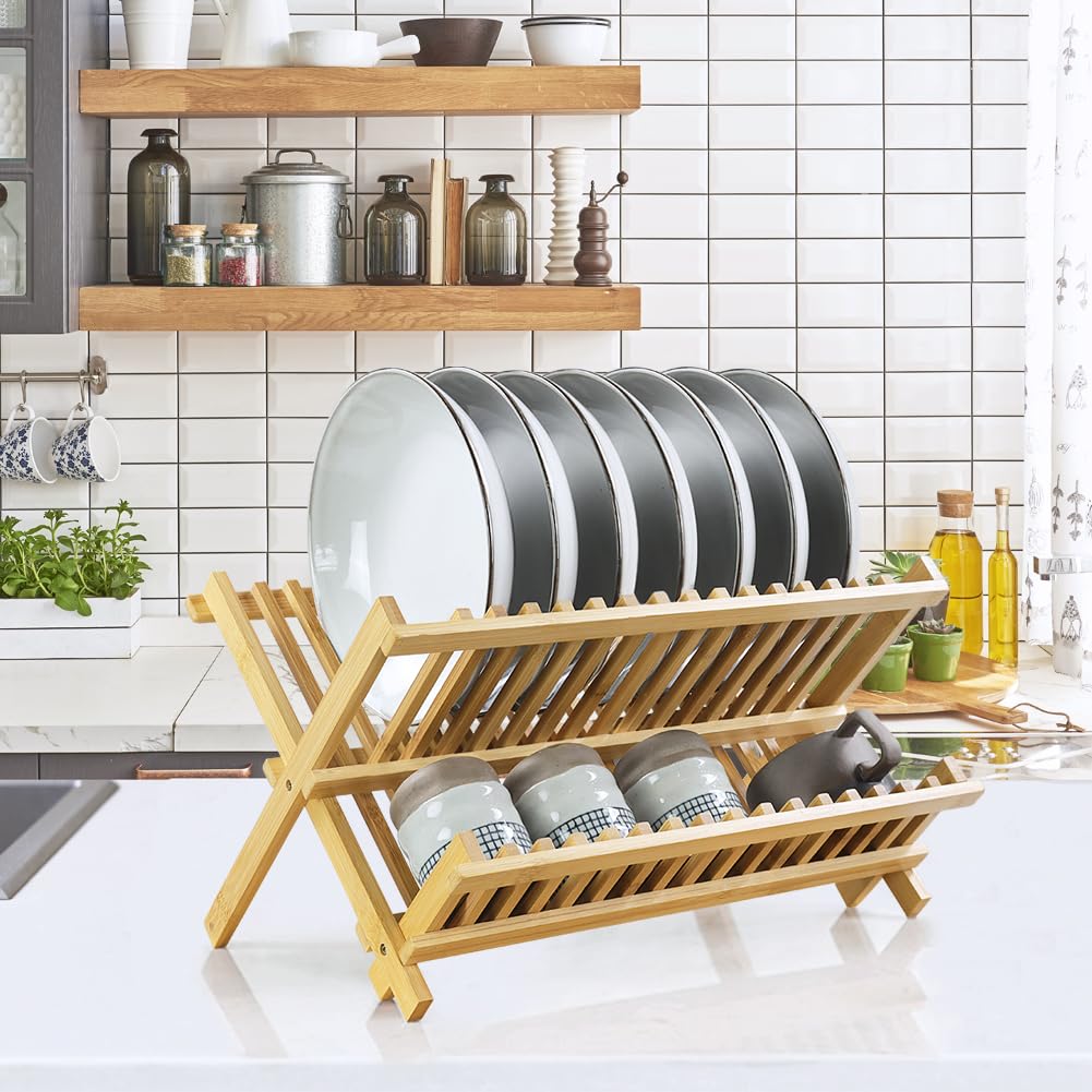 KKTONER bamboo dish drying rack 2-tier setup keeps dishes organized and accessible