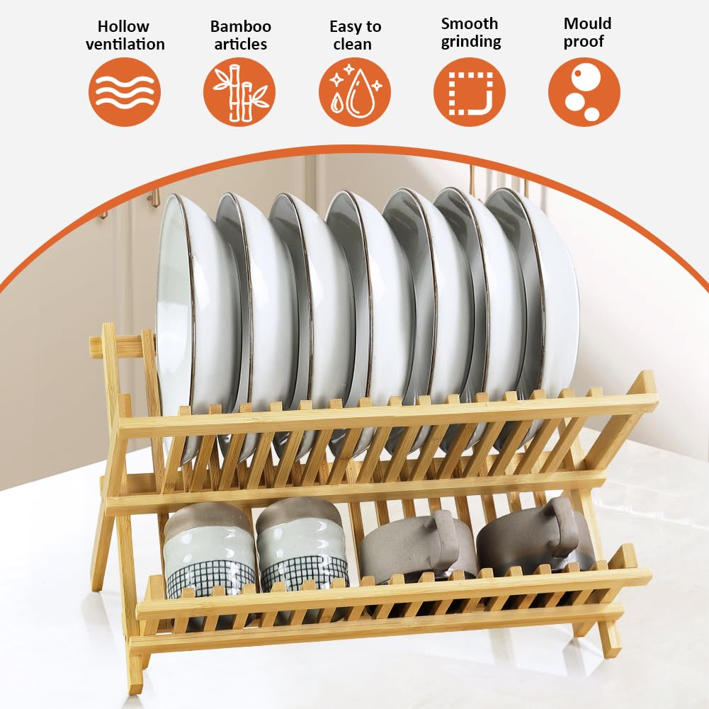 KKTONER bamboo dish drying rack durable natural bamboo resists odors
