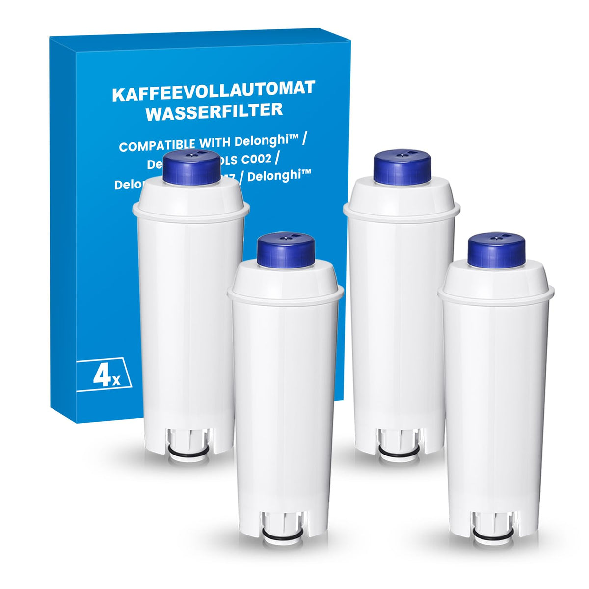Klamol four-pack water filters front view for DeLonghi machines improves flavor.