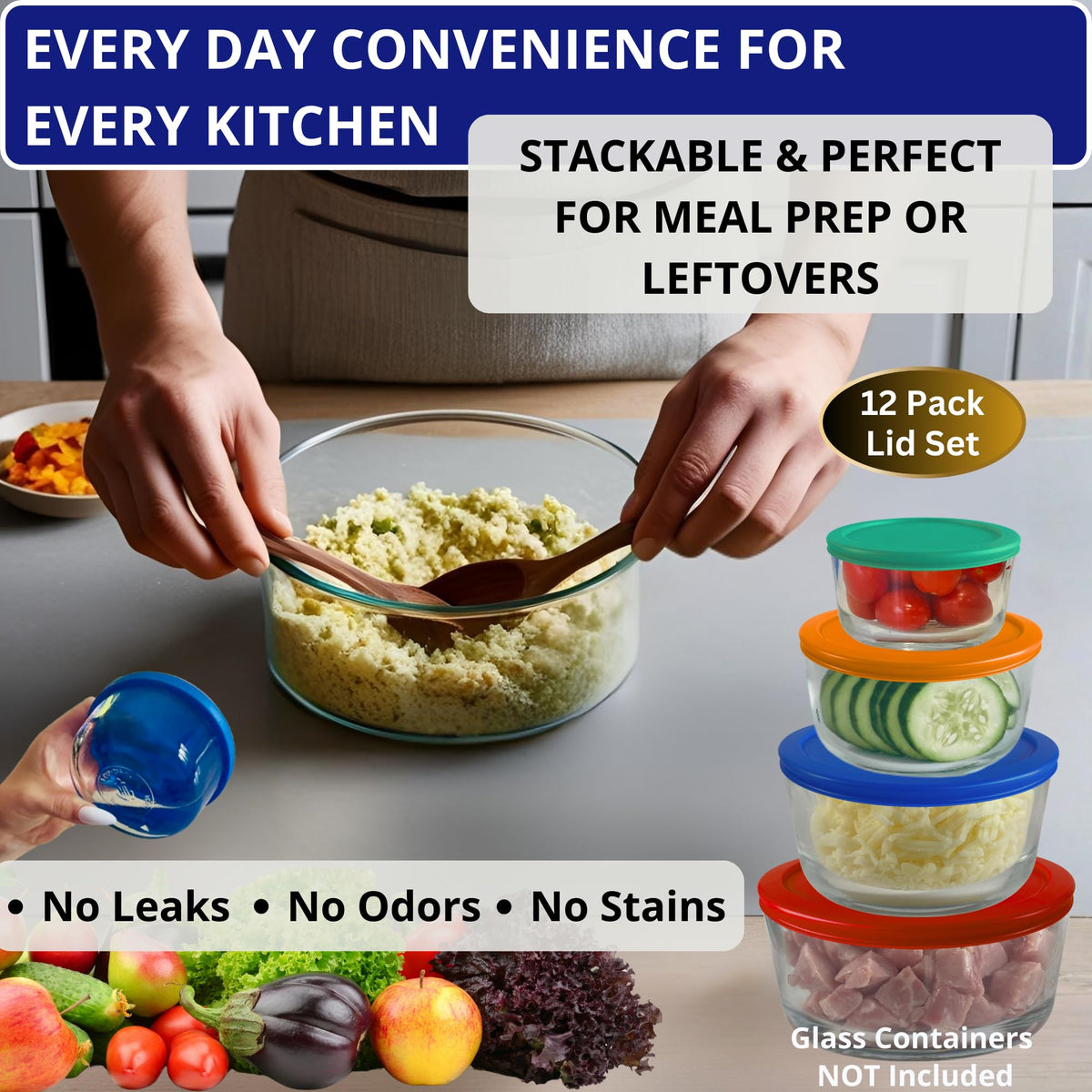Klare Ware lid compatibility with Pyrex and Anchor Hocking bowls shown for easy replacement.