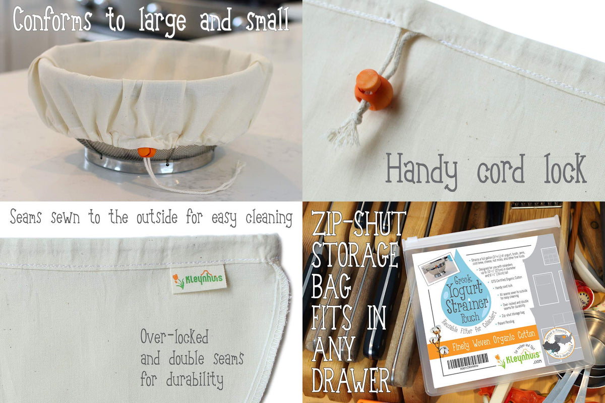 Kleynhuis Yogurt Strainer Pouch cinched around a rim for secure fit