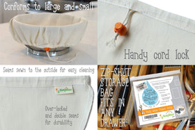 Kleynhuis Yogurt Strainer Pouch cinched around a rim for secure fit