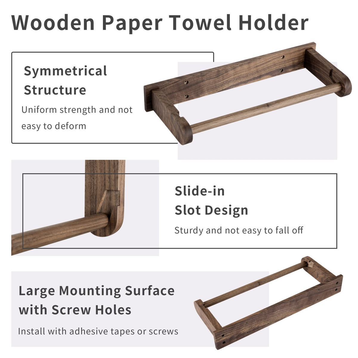 klleyna wall-mounted paper towel holder close-up shows the solid wood grain