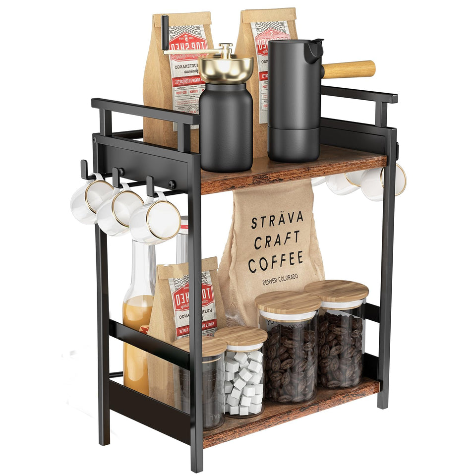 KLM 2-tier coffee bar organizer keeps counter clutter under control and accessible.