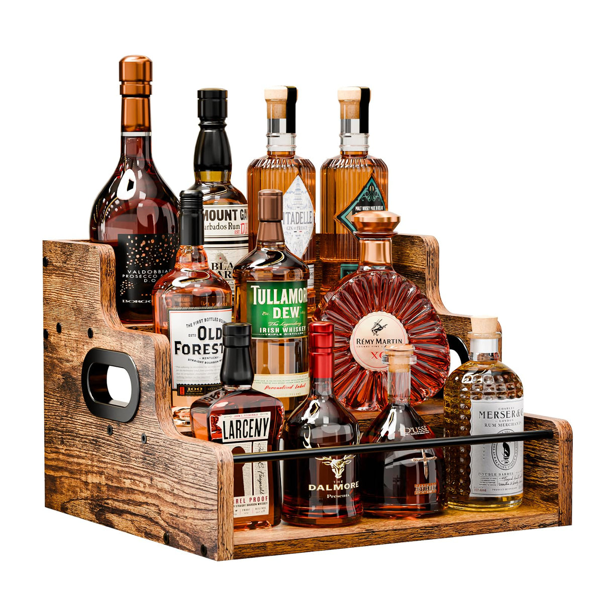 KLM 3-tier countertop liquor shelf front view for organized display.