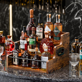 KLM 3-tier countertop liquor shelf side view shows sturdy wood build.